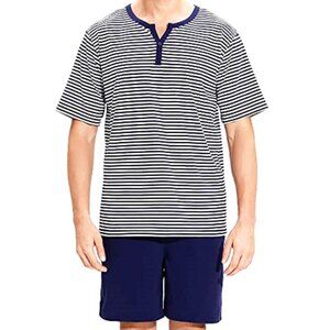 Mens Navy & White Striped Pajama Set With Henley Shirt & Shorts XXL
